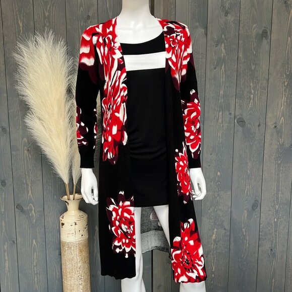 Relativity Long Cardigan Floral Black Red Medium - Picture 2 of 10